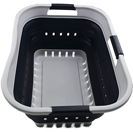 SAMMART Wäschekorb aus Kunststoff, zusammenklappbar, 30 l, mit 3 Griffen, faltbar, Aufbewahrungsbehälter, Organizer, tragbare Waschwanne, platzsparender Korb (Grau/Schiefergrau)