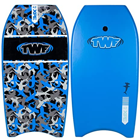 TWF XPE Pro 42 Slickback Kids Bodyboard with leash - 6 colour options (Blue Camo Sharks)