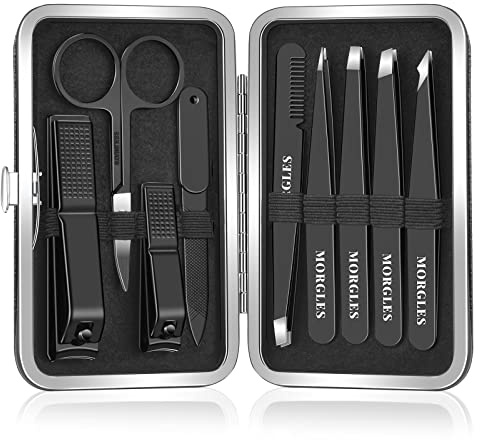 MORGLES Tweezers Set and Nail Clippers, 9 Pcs Stainless Steel Tweezers Kit for Men Professional Manicure Set for Men Grooming Kit With Leather Travel Case