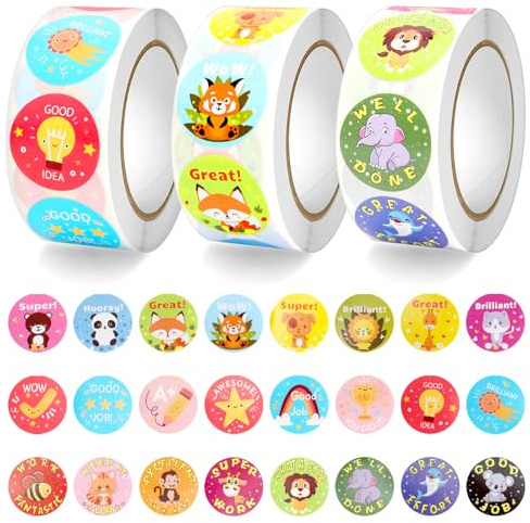 Yuehuabao 2000pcs Pegatinas Recompensa Niños pegatinas Adhesivas de Animales pegatinas Motivadoras Redondas para Profesor Escuela Regalos
