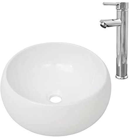 Waschbecken Waschtisch aus Keramik, Aufsatzbecken Aufsatzwaschbecken Handwaschbecken Aufsatzwaschtisch Spülbecken Becken Waschschale mit Mischbatterie, Rund Weiß