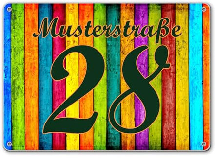banjado® Hausnummernschild personalisierbar Motiv Bunte Holzlatten - Hausschild personalisiert Draußen mit Straßennamen möglich - Hausnummernschild Edelstahl versch. Motive - inkl. Montagematerial