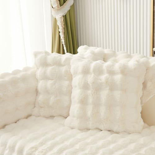 Weiche Kaninchen-Kunstpelz Kissenbezüge 45 x 45 für Couch Sofa (Beige Weiß) | Couch überzug Waschbar, Sofa Cover für Sektionssofa, Hund Sofabezug, Sofa überzug L Form, Ledersofaschoner für das Wohnzimmer