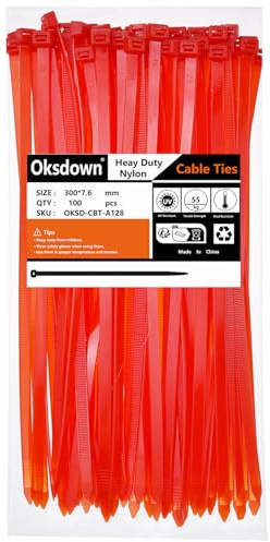 Oksdown 100 Pack Red Thick Cable Ties Heavy Duty Large 300mm×7.6mm Strong Nylon Plastic Self Locking 12 inch/30 cm Extra Long Zip Tie Wraps