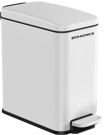 SONGMICS Bathroom Bin, Narrow Pedal Toilet Bin with Lid, Slim for Small Spaces, Steel, Soft Close, 1.3 Gallons (5 L), White LTB560W05