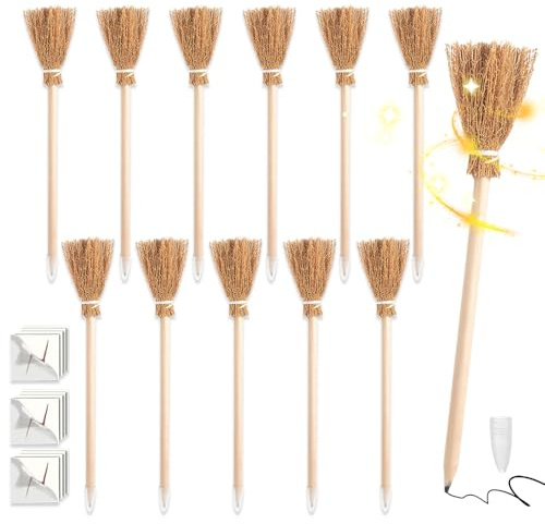 mizikuu 12 Stück hexenbesen Holzbleistifte, Besenstiel Kugelschreiber multifunktional Bleistift Besen Natural Holz Zauberstab Bleistifte für Partys Geschenke Details Dekoration Halloween