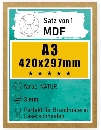 woodmanucom 1 Stück natürlich A3 MDF Platten | 420 x 297 x 3 mm | Bastelplatte Dünne Holz-Platten | Perfekt für Laser, CNC Router, Laubsäge, Modellierung