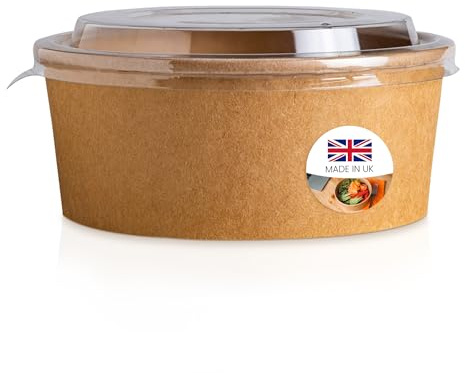 We Can Source It Ltd – Round Kraft Paper Bowls 1300ml with Lids – Disposable Cardboard Salad & Deli Containers for Takeaway, Catering, and Street Food – Secure Fit for Fresh Food Storage - Pack of 200
