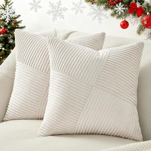 Topfinel Kissenbezug 30x30 Creme Kordsamt 2er Set Kissenbezüge Kissenhülle Sofakissen Dekokissen Couchkissen Zierkissenbezug Patchwork Design Deko Wohnzimmer Kinderzimmer Windmühle Streifen Muster