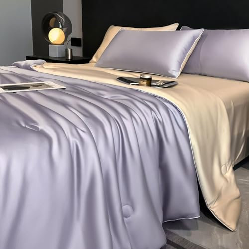 Pevfeciy Manta de Verano 200 x 230cm Manta de Microfibra - Manta de Verano refrescante para un sueño reparador - Ligero, Transpirable y versátil,Lila/Khaki