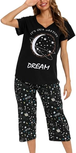 MIA LUCCE Dampyjamas, tvådelad pyjamas, sommar, nattkläder, kort bomull, hemmadräkt, capri, sovkläder, topp och 3/4-byxor S–XXL, Svart stjärna, M