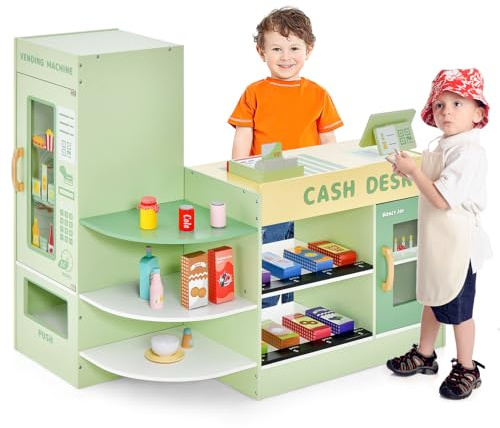 GYMAX Negozio di Alimentari per Bambini, Gioco di Supermercato in Legno Autoportante con Banco Cassa, Macchina POS, Distributore Automatico, Set di Giocattoli Registratore di Cassa (Verde)