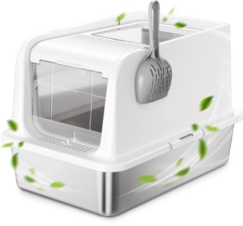 COURPAL® Caja de arena para gatos de acero inoxidable con tapa, caja de arena grande cerrada/abierta con caja antifugas, bandeja de arena con capucha sin olor, bandeja de arena cubierta de metal,
