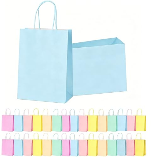 30 Stück Papiertüten Bunt mit Henkel Geschenktüten Klein Papier Blau 22x16x8cm, Robuste Tüten Krafttaschen Taschen für Kindergeburtstag, Hochzeiten, Verpackungen, Partys, Weihnachten,Süßigkeiten, DIY