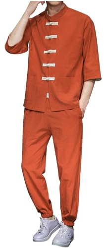 Rrongwn Traditional Chinese Suit Men's Kung Fu Suit Sets Linen Shirt and Trousers Set Traditional Martial Arts Kung Fu Tai Chi Wushu Classic Tangzhuang Training Uniform, RD2, M
