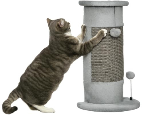 PawHut Poste Rascador para Gatos con Poste de Sisal 34x25,5x58 cm Gris | 58 cm, Rascador para Gatos, Arañador, Bolas Colgantes