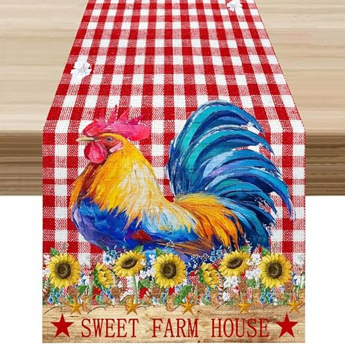 Rustic Rooster Table Runner, Vintage Old Farm Lattice Sunflower Flower Farmhouse Wooden Plank Chicken Animal Table Decor Table Top Kitchen Dining Wedding Party 13x70In