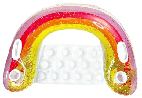 Aufblasbarer Schwimmbad-Stuhl | Pailletten-Design, Regenbogen-Schwimmflosse, mit 2 Getränkehaltern und 2 Griffen, Netz-Poolstuhl, volle entspannende Rückenlehne für den