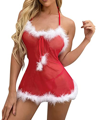 TianWlio Lingerie Sexy Noël pour Femme Deguisement Charmant Chemise de Nuit Christmas Vêtements de Nuit Robe de Noël Coquine Hot Babydoll Robe de Nuit