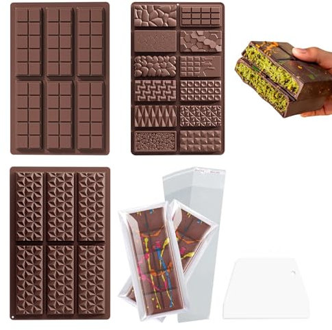 Bofanze Molde Chocolate Tableta Profunda, 3 Piezas Antiadherente Molde Rectangular Silicona para Chocolate Dubai para Praliné, Turron, Gofres