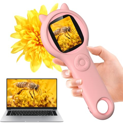 Microscope for Kids 500X Handheld Digital Pocket Microscope 2.0 Portable Childrens Microscopes Educational Science Kit Toys for Birthday for 4 5 6 7 8 9 10 11 12 Boys Girls Pink