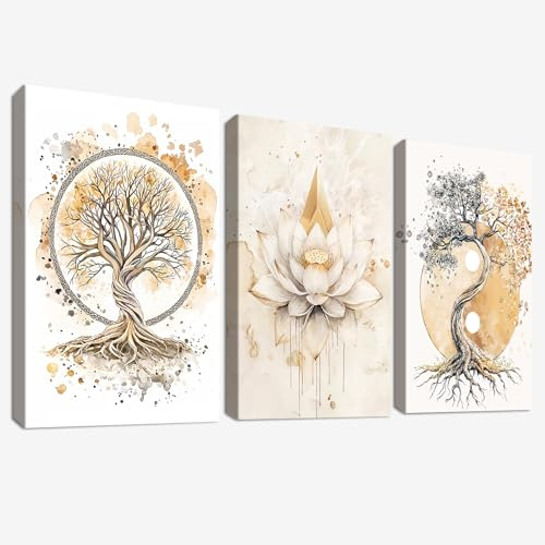 3 Pcs Albero della vita Yin Yang Stampa su tela Con Cornice Buddismo Zen Fiore di Loto Beige Pittura Quadri su tela Quadri Moderni Camera da Letto Soggiorno Decorazioni Murale 120x60cm(16x24x3pcs)