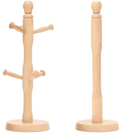 Mug Tree and Kitchen Roll Holder Set - Premium Hevea Free Standing Wood Mug Tree and Paper Towel Holder – Mug Stand Holder Rack with 6 Hooks