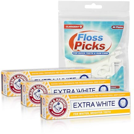Arm & Hammer Whitening Toothpaste Bundle – Baking Soda Teeth Whitening Toothpaste with Fluoride, 3 Pack & 50 Dental Floss Picks – Vegan Friendly