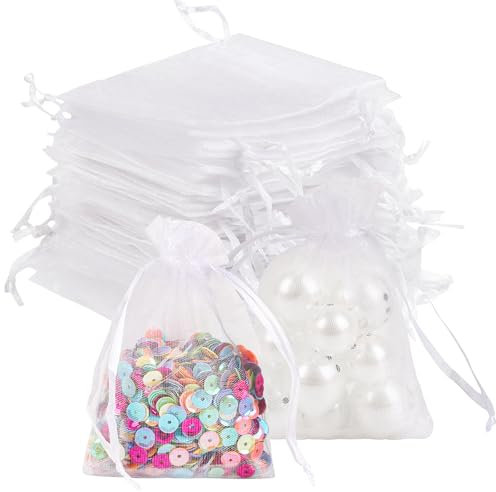 LOMIMOS 120 Lot de Sachet en Organza Blanc,7x9cm Pochette à bijoux Petits Sacs à Bonbons Cadeau Sachet Lavande à Cordon en Organza pour Fête de Festival Mariage Anniversaire