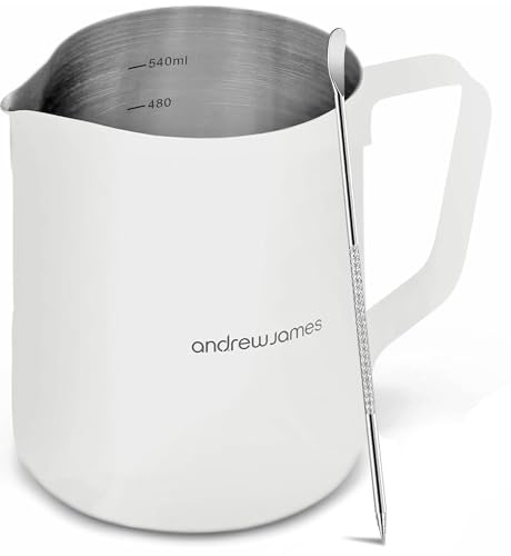 Andrew James 350-600ml Milk Jugs Stainless Steel for Frothing and Coffee Machine | Barista Style Metal Jug | Steady Pour Lip and Measuring Scale | Milk Art Pen (600ml Ivory)