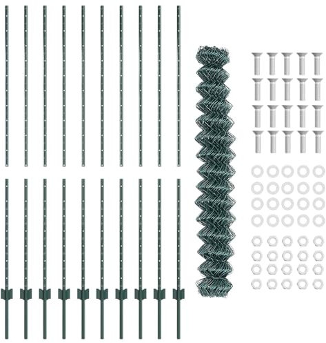 vidaXL Green Chain Link Fence - Outdoor Boundary PVC Coated Steel Fence 1.6x10m with 10 U Posts, UV-Resistant, Easy Assembly