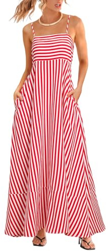 CUPSHE Maxi abito da donna, senza maniche, con spalline sottili, estivo, casual, a righe, con tasche, Rosso, M