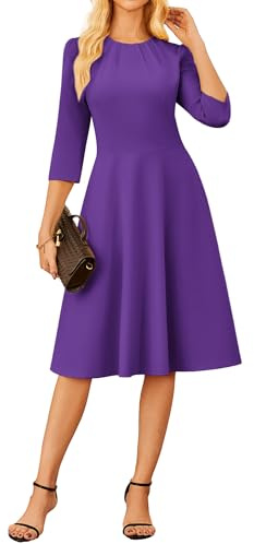 Grace Karin Femme Élégante Robe longue à manches 3/4 décontractée col rond coupe A midi, violet, XXL