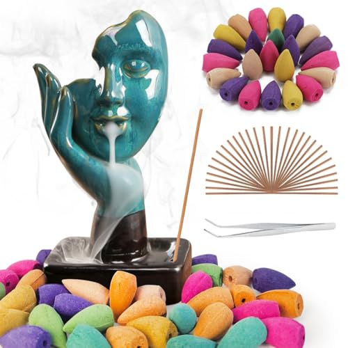 Gohytal Rückfluss Räuchergefäß,Thinker RäUcherwasserfall Halter Wasserfall,Meditierender Räucherkegel Keramik Statue Wohnkultur, mit 30 Räucherkegel,34 Räucherstäbchen,1 Pinzette,für Zuhause Büro Yoga
