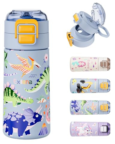 Exllena 400ml Stainless Steel Water Bottle Kids with Pop-Open Soft Straw & Spout 2-in-1 Lid, Kids Metal Water Bottle Leak Proof for Cold&Hot Drinks, BPA-Free, Ideal for Boys Girls(Dinosaur)
