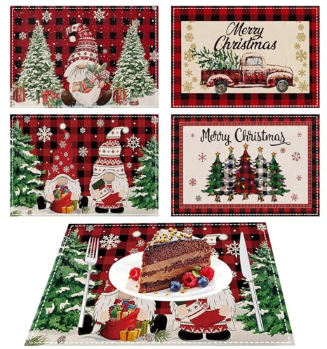KASESSS 4 Pezzi Tovagliette Natalizie, Lino Tovagliette Americane Natalizie Lavabili, Tovagliette Natale in 4 Motivi Auto, Gnomi, Albero di Natale, Tovaglietta Natalizie per Tavolo da Cucina, 45x30cm
