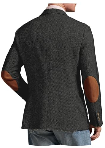 DRCUIVS Mens Sports Coat with Elbow Patches Herringbone Blazer Jacket Tweed Spring Fall Business Formal Dark Gray M