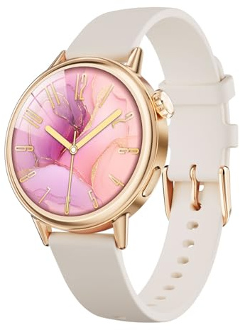 TOOBUR Montre Connectée Femme Petit Poignet, 37 mm Écran AMOLED Smartwatch Rond, Montre Connectée de Sport avec Podomètre, Smart Watch Compatible Android et iOS, Beige