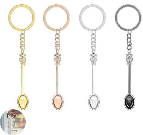 4 PCS Mini Spoon Keyring, Small Tiny Spoons, Mini Crown Spoon Keychain, for Men Women Backpack Pendant Party Favors Ring (4 Colors)