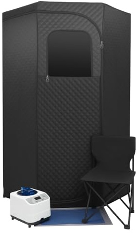 Dampfsauna Tragbar 230V mit Saunazelt Dampferzeuger Klappstuhl 1350W Mobile Sauna Zelt mit Fernbedienung Sauna Indoor Dampfsauna für zuhause Heimsauna 3L-Wassertank 9-Temperaturstufen 5-60min-Timer