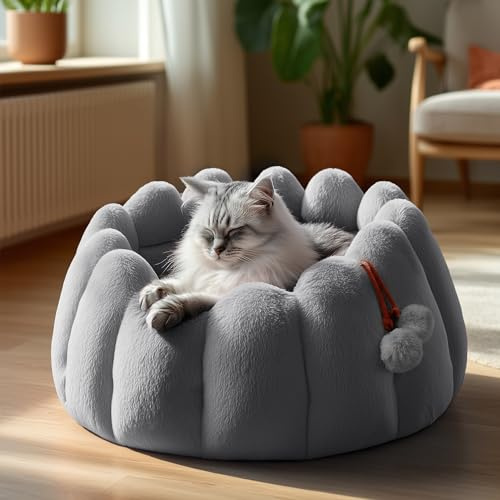PETNOVO Pumpa lugnande hundsäng, supermjuk fuskkaninpäls kattsäng med halkfritt husdjurbo, maskintvättbar med hög vägg kattbädd för inomhuskatter, 50 x 50 x 30 cm, grå