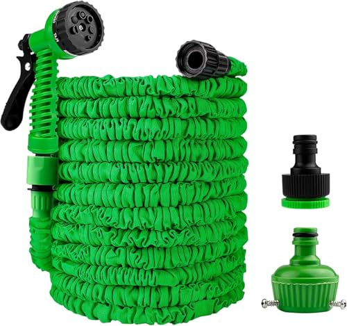 Tubo da Giardino Estensibile con Pistola 7 Getti, Raccordi 1/2 e 3/4, Flessibile Antigroviglio, Verde, Kit Irrigazione per Lavaggio Auto e Piante (45M)