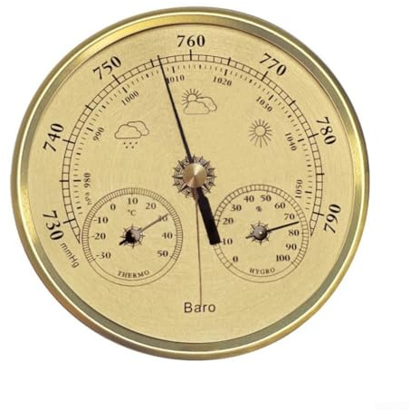 Mechanical Thermometer Hygrometer Barometer 3 In Weather Station No Weather Gauge Aluminum Metal Frame Indoor Outdoor Humidity For Atmospheric Pressure(Gold)