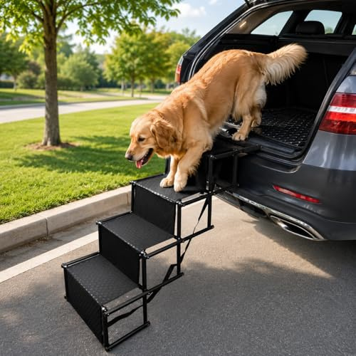 Ccarzzi 4 Steps Dog Steps Folding Dog Ramps for Cars, Portable Pet Stairs with Non-Slip Surface for Large and Small Dogs, Up to 80KG, for Cars, SUVs and Trucks