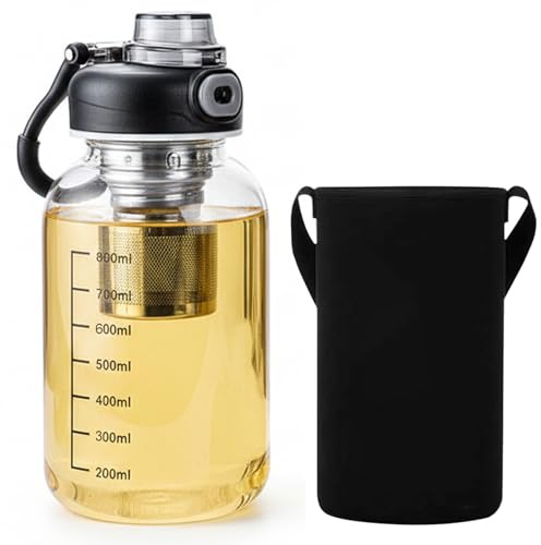 Teeflasche mit Sieb, 1 l Glastrinkflasche – schwarze Borosilikatglasflaschen, herausnehmbares Teesieb, Schutzhülle und sicher verschließbarer Deckel