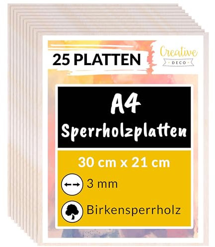 Creative Deco 25 x A4 Sperrholzplatte 3mm | 300 x 210 (+/- 2) mm | Birkensperrholz Dünne holz-Zuschnitte | Perfektes Blatt für Laubsäge, Brandmalerei, Laserschnitt, CNC Router, Durchbrochenes