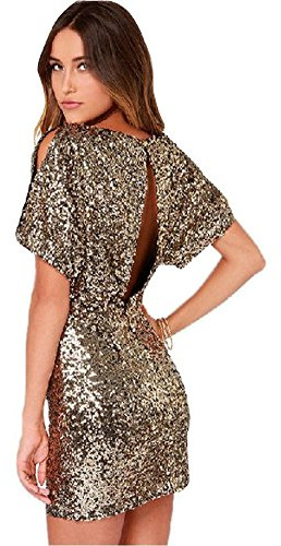 ShallGood Femme Manches Courtes Brillant Paillette Robe Slim Cou Ronde Dos Nu Crayon Robe Courte Soirée Party Club Cocktail Sexy Mini Dress Or FR 38