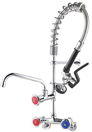 MaxSen Wall Mount Faucet 4 inch to 8 Inch Adjustable Center 25 Height Brass Commercial Kitchen Sink Faucet with Sprayer Pre-Rinse Faucet with 8 Inch Add on Spout Fit for Restaurant and Hotel