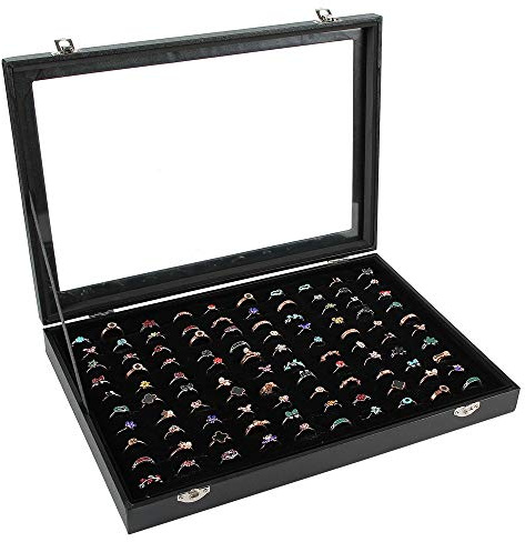 Siveit Ring Display Case Organizer Box with Transparent Lid, Ring Holder Showcase For Store Display Jewelry Show Home, Ring Organizer For Jewelry Rings, Studs Earrings (100 Slot, Black)