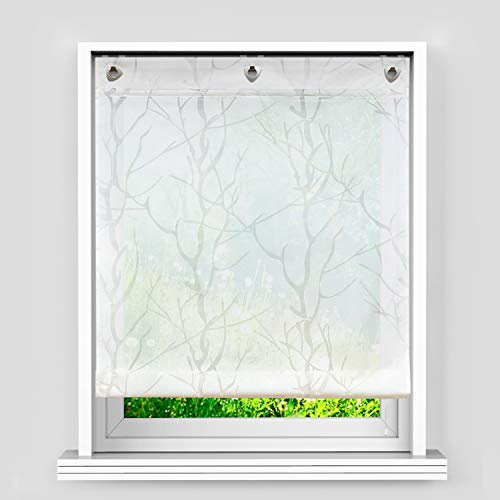Heichkell Voile Ösen Raffrollo Gardine mit Haken Ausbrenner Raffgardine ohne Bohren Ausbrenner Design >Baumast< Faltenrollo in Küche Rollos Vorhang mit seitlicher Schnüren Weiß HxB 140x120 cm